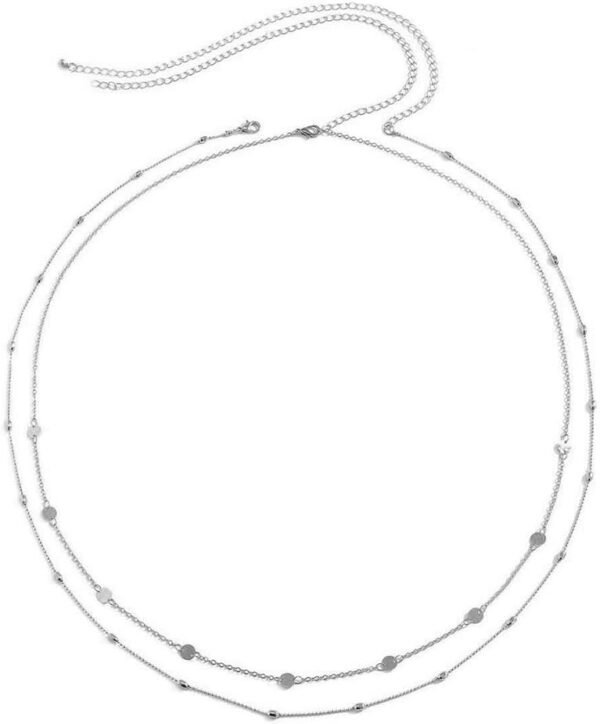 HANNEA® Waist Chain for Women Sexy, Set of 2pcs Sequin Silver Plated Belly 2-Layered Waist Beads Coin Chain Dainty Body Chains Jewelry, Bikini Beach Wear Gifts for Women 26.5-33Inch - Image 2