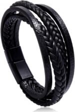 Goodern Mens Bracelet Premium Leather Bracelet for Men Multilayer Mens Leather Bracelet Leather Bangles Magnetic-Clasp Braided Leather Bracelet with Clasp Cowhide Multi-Layer Braided Leather