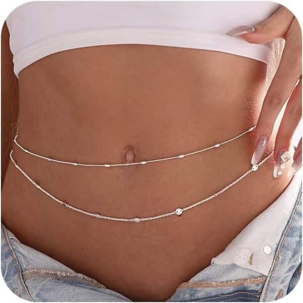 HANNEA® Waist Chain for Women Sexy, Set of 2pcs Sequin Silver Plated Belly 2-Layered Waist Beads Coin Chain Dainty Body Chains Jewelry, Bikini Beach Wear Gifts for Women 26.5-33Inch - Image 15