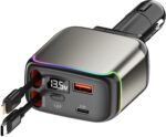 XXZU 137W Fast Charging Car Charger，4-in-1 Adapter with 2 Retractable Cable | Cigarette Lighter with 65W Retractable Cable, USB C and USB A Charging Ports, Voltage Display, for iPhone/Android/iPad/Laptop