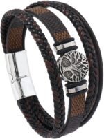 Multilayer Brown PU Leather Bracelet, Braided Magnetic-Clasp Wrap Bangle for Men