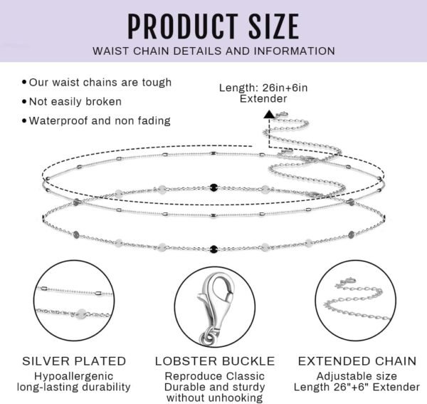 HANNEA® Waist Chain for Women Sexy, Set of 2pcs Sequin Silver Plated Belly 2-Layered Waist Beads Coin Chain Dainty Body Chains Jewelry, Bikini Beach Wear Gifts for Women 26.5-33Inch - Image 3