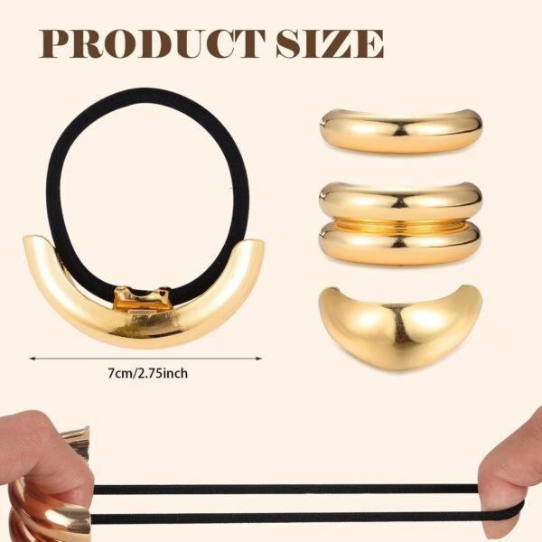 Gold Hair Ties, 6 Pieces Metal Geometric Buckle Hair Bands for Women Girls, Elastic Ponytail Cuffs Holders Accessories for Long Thick and Thin Hair, Diameter: 7.5 cm/2.95 inch - Image 2