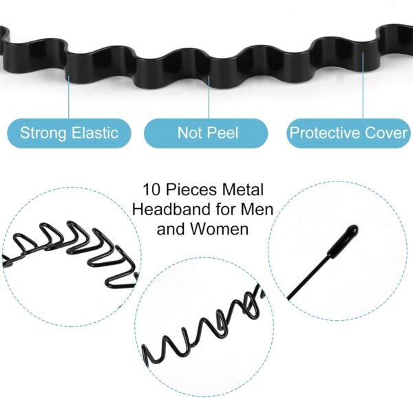fenshine Metal Hair Bands Feather Wavy Headband Unisex Black Wavy Headband Polished Backwards Non-Slip Sports Hair Band for Women Men 6 Pack - Image 11