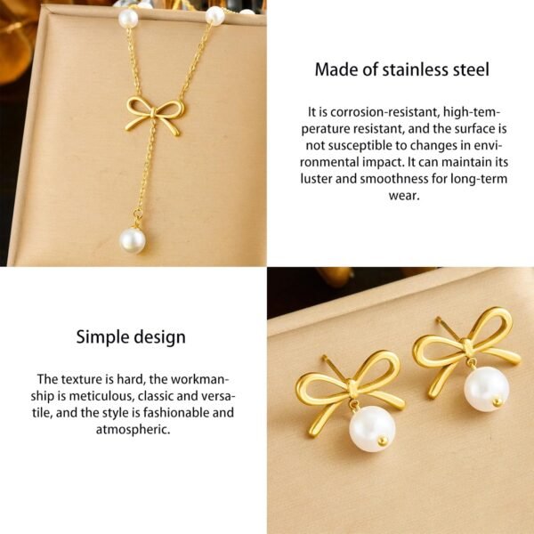 Vbvbip Elegant Stainless Steel Pearl Pendant Necklace & Earrings Set for Women, Hypoallergenic Jewelry Gift Set, Classic Boho Bridal Party Accessories - Image 13