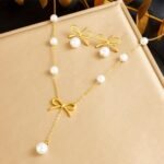 Vbvbip Elegant Stainless Steel Pearl Pendant Necklace & Earrings Set for Women, Hypoallergenic Jewelry Gift Set, Classic Boho Bridal Party Accessories - Image 5