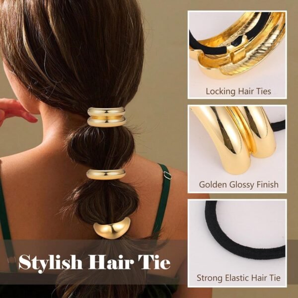 Gold Hair Ties, 6 Pieces Metal Geometric Buckle Hair Bands for Women Girls, Elastic Ponytail Cuffs Holders Accessories for Long Thick and Thin Hair, Diameter: 7.5 cm/2.95 inch - Image 14