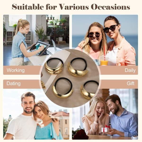 Gold Hair Ties, 6 Pieces Metal Geometric Buckle Hair Bands for Women Girls, Elastic Ponytail Cuffs Holders Accessories for Long Thick and Thin Hair, Diameter: 7.5 cm/2.95 inch - Image 8