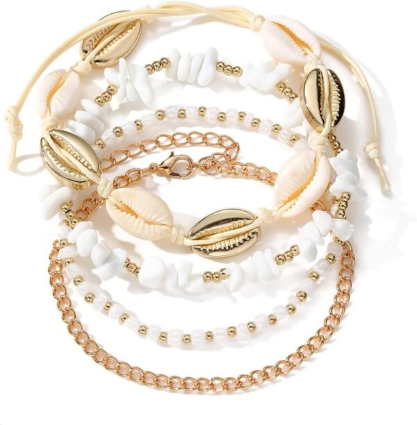 ELECDON Handmade Boho Shell Anklet for Women, Shell Ankle Bracelet Set for Women, Gold Boho Bead Adjustable Anklet, Hawaiian Beach Seashell Pearl Heart Starfish Conch Foot Jewelry Gifts - Image 7