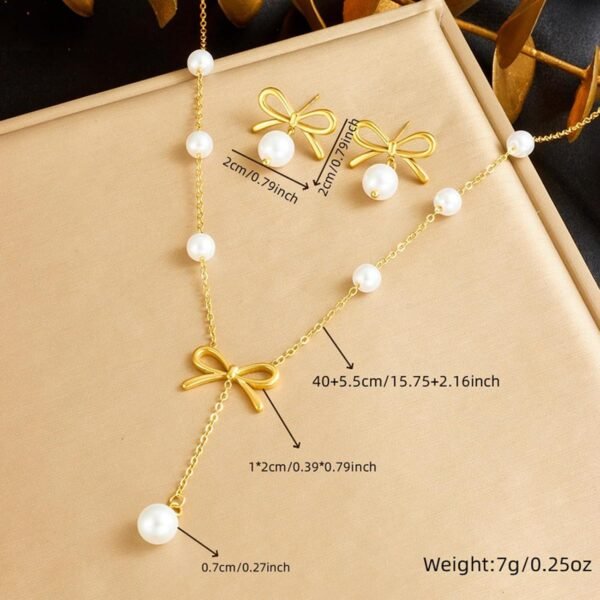 Vbvbip Elegant Stainless Steel Pearl Pendant Necklace & Earrings Set for Women, Hypoallergenic Jewelry Gift Set, Classic Boho Bridal Party Accessories - Image 6