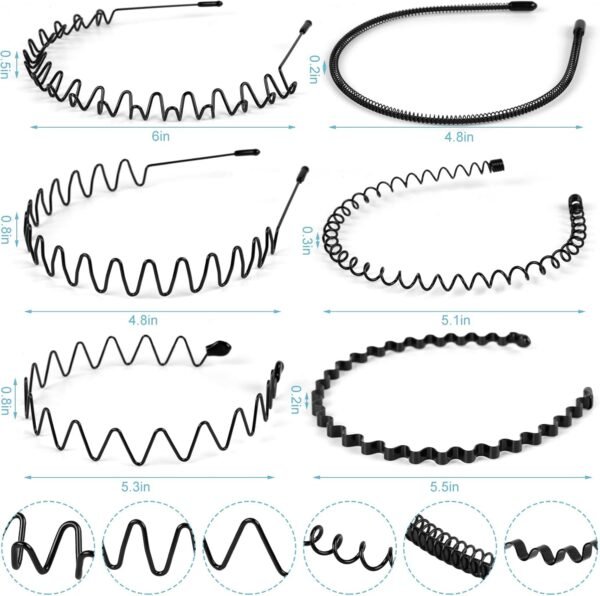fenshine Metal Hair Bands Feather Wavy Headband Unisex Black Wavy Headband Polished Backwards Non-Slip Sports Hair Band for Women Men 6 Pack - Image 10
