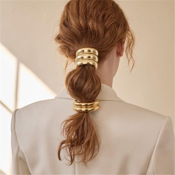 Gold Hair Ties, 6 Pieces Metal Geometric Buckle Hair Bands for Women Girls, Elastic Ponytail Cuffs Holders Accessories for Long Thick and Thin Hair, Diameter: 7.5 cm/2.95 inch - Image 4