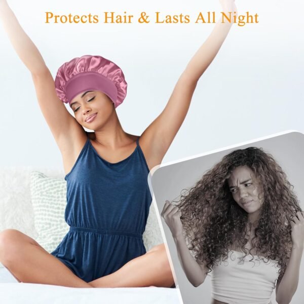 Satin Silk Bonnet compatible with Curly Hair, Hair Bonnet Silk Wrap for Sleeping, Night Sleep Cap for Women (Bean Paste) - Image 7