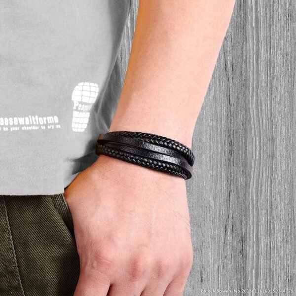 Goodern Mens Bracelet Premium Leather Bracelet for Men Multilayer Mens Leather Bracelet Leather Bangles Magnetic-Clasp Braided Leather Bracelet with Clasp Cowhide Multi-Layer Braided Leather - Image 3