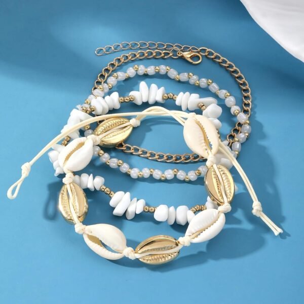 ELECDON Handmade Boho Shell Anklet for Women, Shell Ankle Bracelet Set for Women, Gold Boho Bead Adjustable Anklet, Hawaiian Beach Seashell Pearl Heart Starfish Conch Foot Jewelry Gifts - Image 2