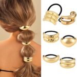 Gold Hair Ties, 6 Pieces Metal Geometric Buckle Hair Bands for Women Girls, Elastic Ponytail Cuffs Holders Accessories for Long Thick and Thin Hair, Diameter: 7.5 cm/2.95 inch - Image 9