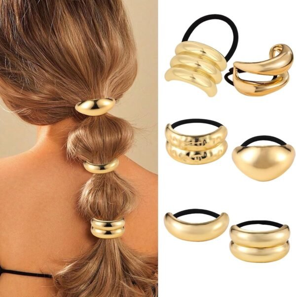 Gold Hair Ties, 6 Pieces Metal Geometric Buckle Hair Bands for Women Girls, Elastic Ponytail Cuffs Holders Accessories for Long Thick and Thin Hair, Diameter: 7.5 cm/2.95 inch - Image 9