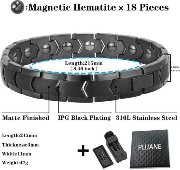 PUJANE Magnetic Hematite jewelry Bracelets for Men Women (Black) | 316L Stainless Steel, Power Balance Energy Magnets Stones, Gift, Adjustment Tool - Image 16
