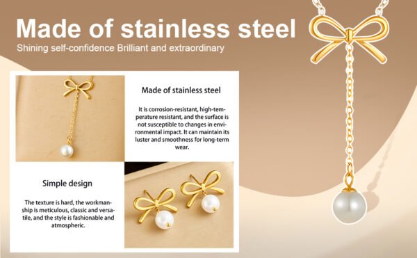 Vbvbip Elegant Stainless Steel Pearl Pendant Necklace & Earrings Set for Women, Hypoallergenic Jewelry Gift Set, Classic Boho Bridal Party Accessories - Image 8