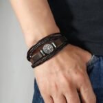 Multilayer Brown PU Leather Bracelet, Braided Magnetic-Clasp Wrap Bangle for Men - Image 10