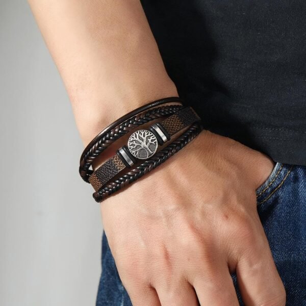 Multilayer Brown PU Leather Bracelet, Braided Magnetic-Clasp Wrap Bangle for Men - Image 10