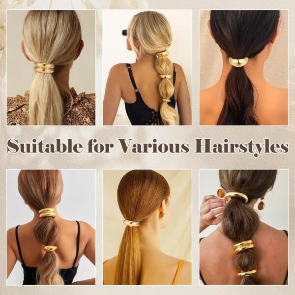 Gold Hair Ties, 6 Pieces Metal Geometric Buckle Hair Bands for Women Girls, Elastic Ponytail Cuffs Holders Accessories for Long Thick and Thin Hair, Diameter: 7.5 cm/2.95 inch - Image 7