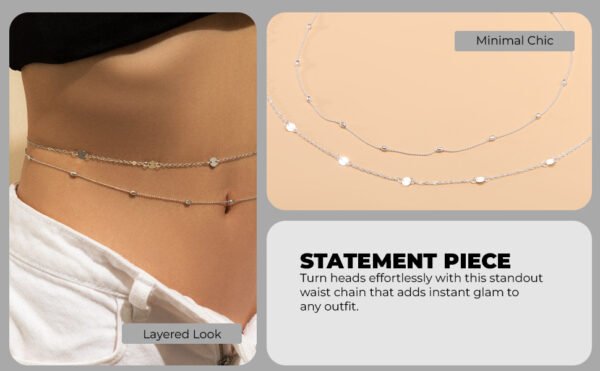 HANNEA® Waist Chain for Women Sexy, Set of 2pcs Sequin Silver Plated Belly 2-Layered Waist Beads Coin Chain Dainty Body Chains Jewelry, Bikini Beach Wear Gifts for Women 26.5-33Inch - Image 11